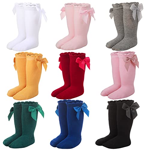 Image of 9 Pairs Baby Knee High Socks with Bow Knit Toddler Girl Dress Socks Cotton Tube Long Socks for Baby Newborn Infant, 9 Colors