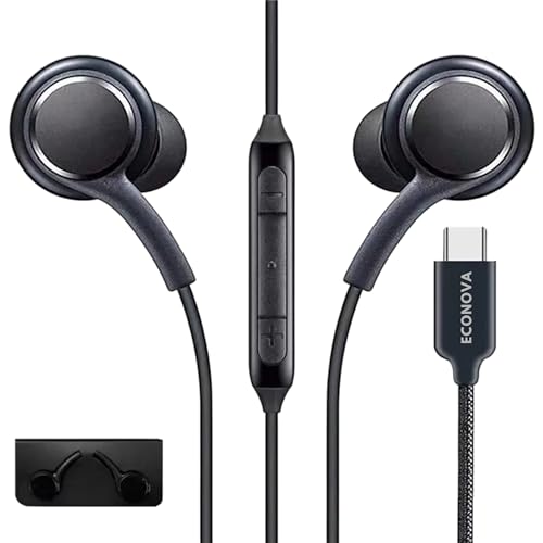 ECONOVA Type-C Wired Earphones – In-Ear Headphones with Compatible Android & USB-C Devices, Nylon Braided 1.2M Cable, Deep Bass, Inline Mic & Controls, Comfortable Fit – Black