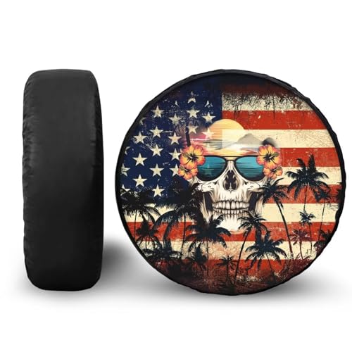 Image of Pensura 14-19 inch Spare Tire Cover Hawaiian Skull American Flag Tire Covers Weatherproof Wheel Protector Universal Fit for Camper Trailer SUV Truck