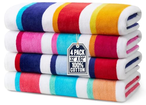 Ben Kaufman Joey Velour Colored Classic Multi-Color Stripe Beach & Pool Towel - Large Cotton Towel - Soft & Absorbant - Assorted Colors - 32” x 62” - 4 Pack