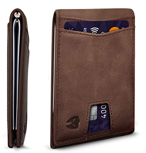 Bryker Hyde RFID Blocking Slim Minimalist ID Outside Front Pocket Wallet, Money Clip, 9 Slots, Leather (Texas Brown w/Pull Out Card Slot)