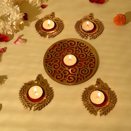 Image of Ascension Wooden Peacock Design Rangoli Set with Tealights | MDF Reusable Rangoli Stencil | Diwali Decoration Items for Home Decor Pongal Pooja Mandir
