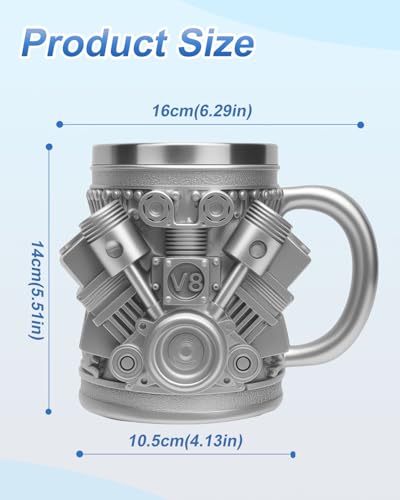 Taza de acero inoxidable con diseño de motor V8, 15 oz miniatura 6