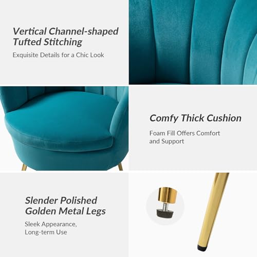 Image of HULALA HOME Modern Velvet Accent Chair with Shell Shaped Back, Cute Living Room Bedroom Armchair Sofa Chair with Gold Legs, Comfy Upholstered Vanity Chair for Makeup Room, Blue