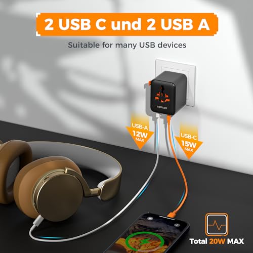 Image of TESSAN Universal Travel Adapter, International Power Adapter | 4 USB Ports (2 USB C), US to Europe UK France Germany Spain Ireland Australia Japan, Type C G A I