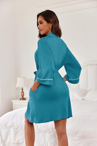 Image of Ekouaer Women Kimono Robes Knee Length Knit Bathrobe Lightweight Soft Sleepwear V-neck Casual Ladies Loungewear