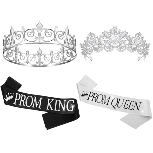 Retrowavy Prom King and Queen Sash Crowns Tiara Set for Birthday Party Adults Cosplay Decor(Silver Color)