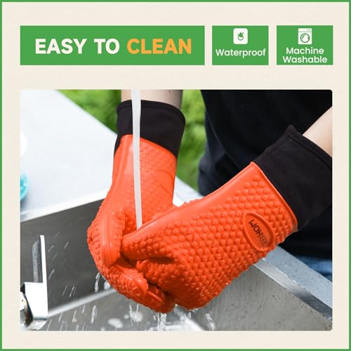 Image of GEEKHOM BBQ Gloves Heat Resistant Oven Mitts - Silicone Grilling Gloves with 13.7 inch Arm Protection - Waterproof Pot Holder Non-Slip for Men & Women, Kitchen Outdoor Cooking, Baking, Camping, Orange