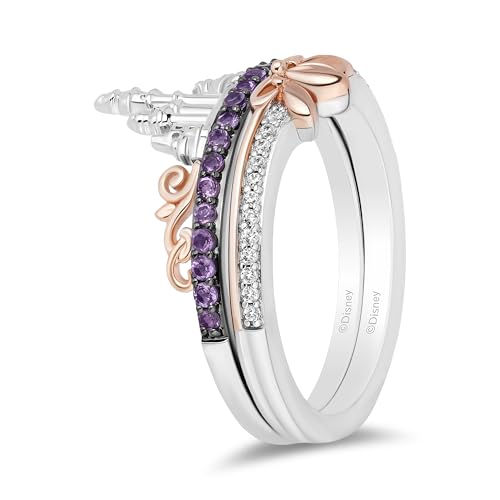 Jewelili Enchanted Disney Fine Jewelry 14K Rose Gold over Sterling Silver with 1/20 CTTW Diamond and Amethyst Rapunzel Duo Stack Ring3