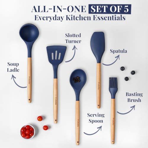 Image of Fruitalite Silicone Spatula Set- 5 Pcs | Non-Stick Kitchen Utensils with Wooden Handle- BPA Free, Heat Resistant Set, Non Toxic Premium Cookware Tools for Cooking, Baking & Mixing- Midnight Blue