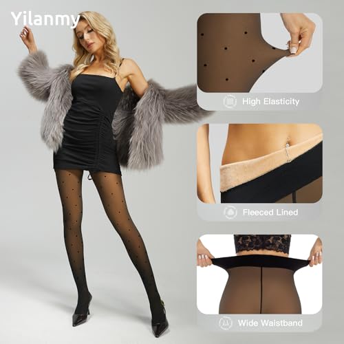 Yilanmy Fleece Lined Tights Fake Translucent Leggings 200g Sheer Thermal Pantyhose Skin Tone with Polka Dot for Women2