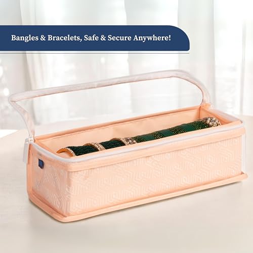 Image of HomeStrap Cotton Single Rod Bangle Box with Transparent Top | Waterproof, Dustproof Organizer for Bangles, Chudis, Bracelets, Watches & Jewellery | Compact Storage Organizer | Peach | Pack of 1