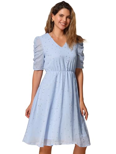 Image of Allegra K Chiffon Dress for Women's Metallic Stars Ruched Sleeve V Neck A-line Dress