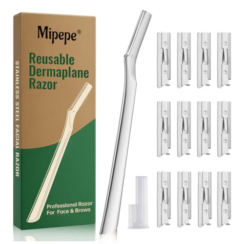 Professional Dermaplane Razor for Women Face, Reusable Metal Dermaplaning Tool with 12 Blades (Silver)