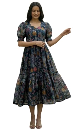 Image of Sun Fashion And Lifestyle Chanderi Printed Dress for Women | Western Dresses for Women | One Piece Midi Dress | Fit and Flare Dress | A-line Dress (KT74 Blue)