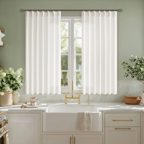 Image of Cream Semi Sheer Linen Pinch Pleated Curtains 45 Inch Long