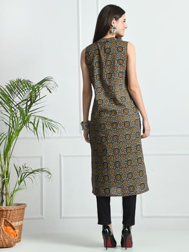 Image of feranoid Unique Printed Choker Neck Back Button Sleeveless Long Kurti