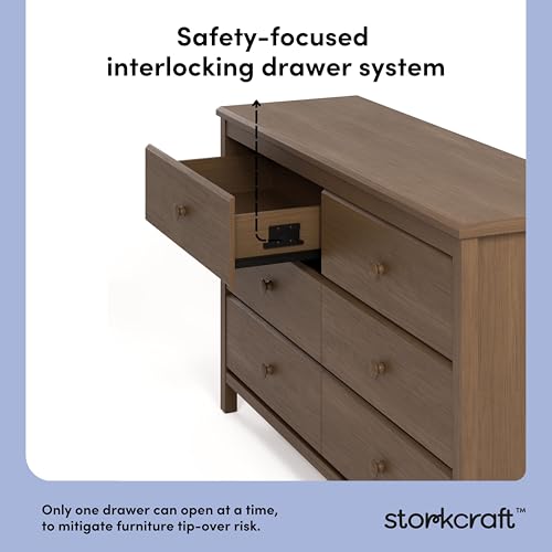 Image of Storkcraft Alpine 6-Drawer Dresser (Hazelnut) - GREENGUARD Gold Certified, Brown Dresser for Bedroom, Kids & Nursery Storage Drawers, Safety Interlocking Drawers, Pre-Installed Tracks, Kids Bedroom
