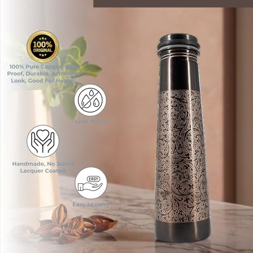 Image of Copper Water Bottle 1 Ltr | Copper Water Bottle with Glass Set | Meena Work | 100% Pure | Leak-Proof | 2 Water Glass 300ml each | Best for Gifting (Light House Design - Brown)