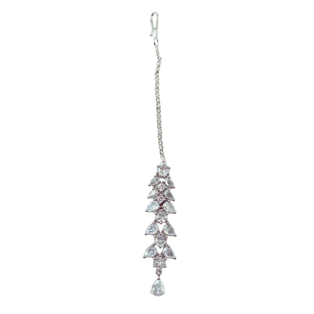 Drop Maang Tikka, White Chain, Bridal Hair Accessory with Teardrop Cz Stones-image-45