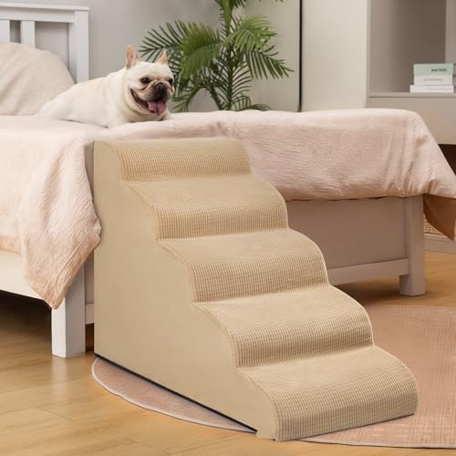 Image of Aodisman Dog Stairs for High Bed,5-Step Pet Ramp for Small Dogs and Cats | 22.2 inch H Dog Steps for Bed with High-Density Foam, Help Olders,Short-Legged Dogs,Puppy and Cats Get on Beds Easily,Grey,Khaki