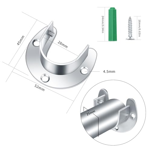 4 Stück Rundrohr Halterung for Schrankrohr Stange, Kleiderschrank Kleiderstange, Gardinenstange Halter, Flansch Stangenhalter, U-Form, 28 mm/1,1Zoll, mit Schrauben