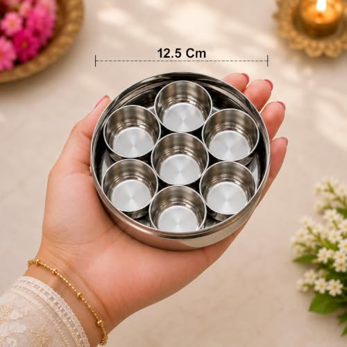 Image of Stainless Steel Round Pooja Box with 7 Containers