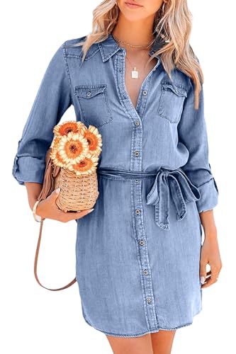 utcoco Women's Casual Button Down Jean Shirt Dress Long Sleeve Tie Waist Lightweight Denim Shirt Dress (Small, Light Blue) : Automotive