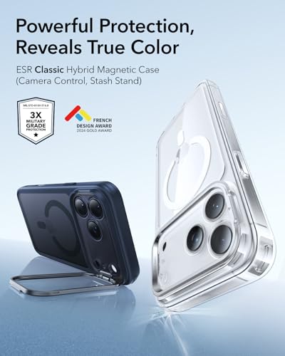 Image of ESR for iPhone 17 Pro Max Case with Stash Stand, Camera Control Cover Compatible with MagSafe, Military-Grade Drop Protection Magnetic Phone Case, Scratch-Resistant Back Cover,Frosted Blue