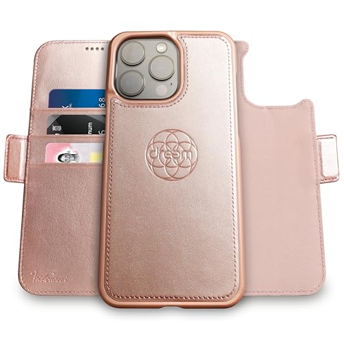 Image of dreem Fibonacci Compatible with iPhone 14 Pro Wallet case / 2-in-1 Shockproof case and Detachable Vegan Leather Folio, MagSafe Compatible, RFID Protection [Rose]