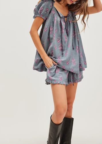 Image of ROAONOCOMO Women Floral Pajama Set Ruffle Puff Sleeve Peplum Shirt Coquette Pj Set Bow Babydoll 2 Piece Shorts Outfit