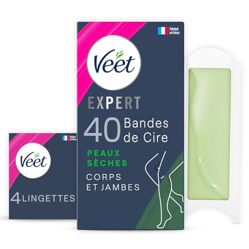 Veet EXPERT - 40 Bandes de Cire Froide Corps & Jambes - Peaux Sèches - Finition Parfaite - Epilation Longue Durée