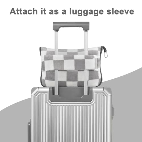 Image of Travel Blanket and Pillow Compact, Premium Soft 2 in 1 Airplane Blanket with Soft Bag Pillowcase,Hand Luggage Sleeve and Backpack Clip (Grey Checkered)
