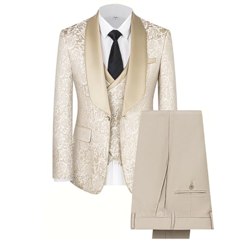 Men's 3 Piece Jacquard Suit Dinner Party Prom Tuxedo Wedding Embroidered Blazer Vest Pants Set