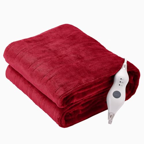 Tefici Electric Heated Blanket Throw, Super Cozy Soft 2-Layer Flannel 50" x 60" Heated Throw with 3 Heating Levels & 4 Hours Auto Off, Machine Washable, ETL&FCC Certified, Home Office Use, Red