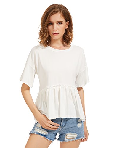 Romwe Women's Loose Ruffle Hem Short Sleeve High Low Peplum Blouse Top White M #TOP4