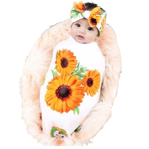 Image of Galabloomer Newborn Receiving Blanket Headband Set Baby Flower Rose Swaddle with Big Bow (White Sunflower)