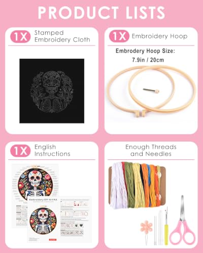 Image of TINDTOP Embroidery Kit for Adult Beginners, Embroidery DIY Starter Kit, with Stamped Patterns, Hoop, Tools, Colorful Threads with Needles, Instructions (Skeleton C)