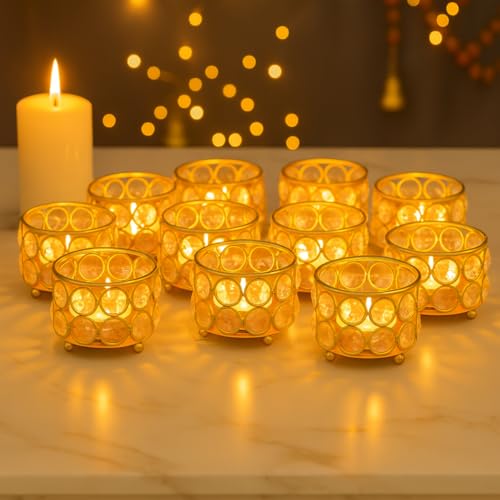 Image of Easyera Beautiful Lotus Tealight Holder Candle Stand Metal Home Decoration Festival Occasions Diwali (Not Include Glass Candle) Golden Pack (Pack of 12 (Golden) Crystal Candle Holder Tealight)