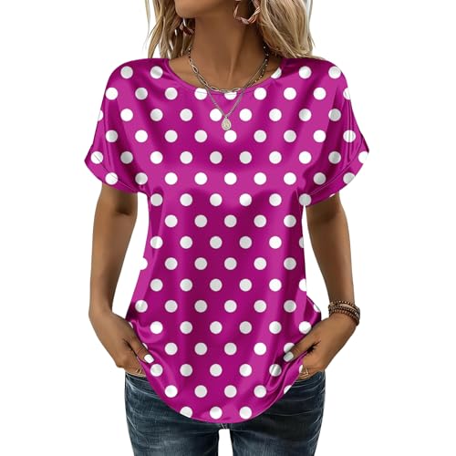 Womens Summer Short Sleeve Business Tops Dressy Casual Loose Round Neck Satin Blouse Fashion Printed Silk Shirts