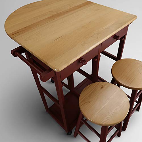 Casual Home Drop Leaf Breakfast Cart With 2 Stools-Red #TOP4
