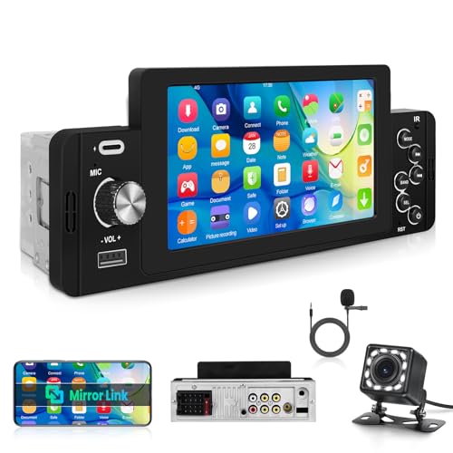 Autoradio Bluetooth - 5 Zoll 1 Din Autoradio Unterstützung Mirror Link, FM Radio, EQ-Einstellungen, USB/Type-C Eingang, Lenkradsteuerung mit 12 LED Rückfahrkamera Autoradio Bluetooth - 5 Zoll 1 Din Autoradio Unterstützung Mirror Link, FM Radio, EQ-Einstellungen, USB/Type-C Eingang, Lenkradsteuerung mit 12 LED Rückfahrkamera
