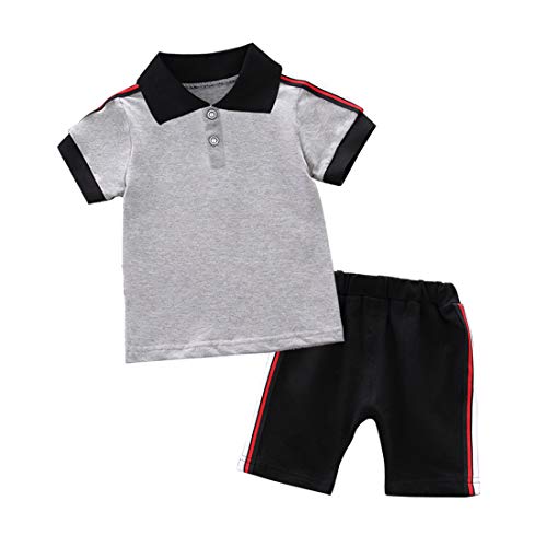 Toddler Baby Boy Summer Clothes Cotton Outfits Short Sleeve Stripe T-Shirt Tops Elastic Waistband Shorts Pants 2Pcs Set (Grey, 12-18 Months)