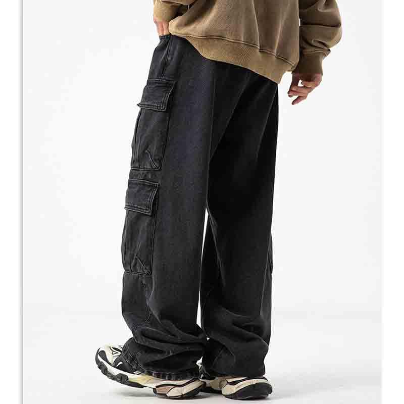 Men's Multi Pocket Design Jeans Vintage Washed and Worn Cargo Pants Loose Casual Wide Leg Pants3