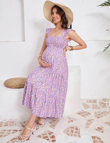 Image of KOJOOIN Womens Maternity Dress Summer Sleeveless Smocked Square Neck Ruffle Casual Boho Midi Dress Baby Shower Photoshoot
