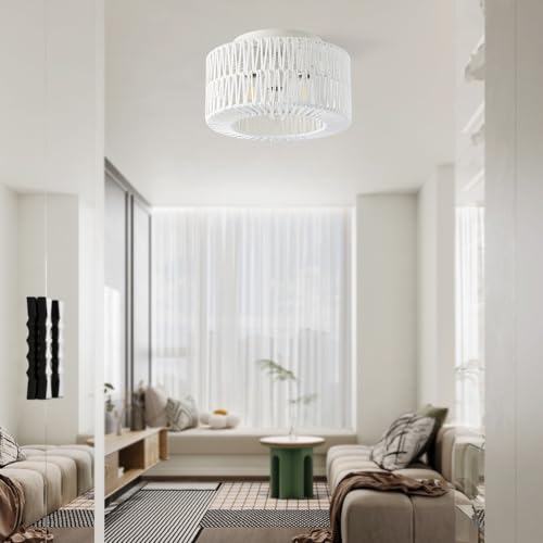 Giutna 12.6" Rattan Flush Mount Ceiling Light Fixtures, 3-Light Boho Light Fixture Rattan Hand-Woven Chandelier Close to Ceiling Light Fixture for Bedroom Hallway Kitchen Dining Room Nursery(White) by Giutna - Used condition - Image 7