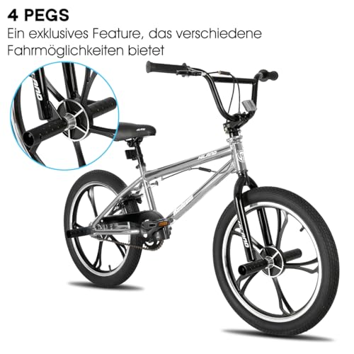 Miniatura 6 de Hiland - Bicicleta Bmx Para Niños De 20 Pulgadas, 5 Radios, Para Niños Y Niñas A Partir De 7 13 Años, Rotor De 360 Grados, Estilo Libre, 4 Pegs Para Niños, Bmx, Color Plateado