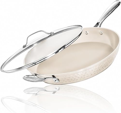 Image of GOTHAM STEEL Hammered 14 Inch Large Nonstick Frying Pan with Lid, Cream