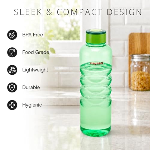 Image of Nayasa Revello 1000 ML Pet Plastic Fridge Water Bottles Set of 6 | BPA Free | Leak Proof | Airtight Lid | Green