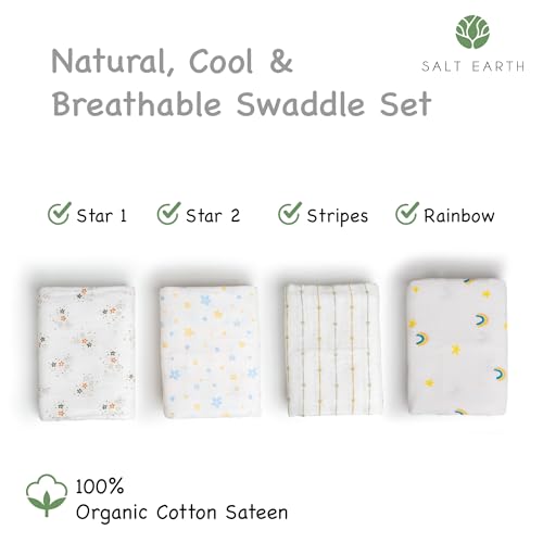 Image of Salt Earth 100% Organic Cotton GOTS Certified 2-Layered Swaddle Baby Blanket, 4 Pack,47 inchx47 inch Receiving Blankets for Swaddling,Wrap for Boy & Girl, Newborn Baby Essentials, Registry (Star & Rainbow)
